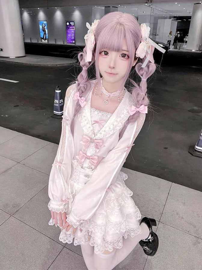 Landmine-Style Beaded Sailor-Collar Blouse, Bow & Lace, White Pink - Puppet Bombs