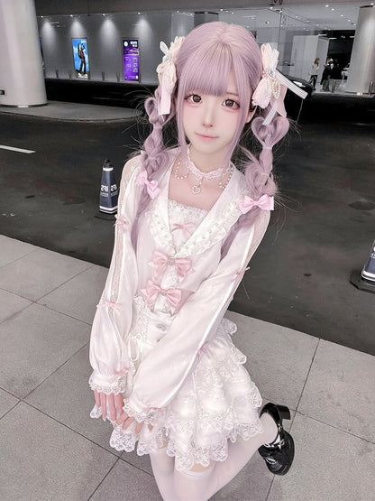 Landmine-Style Beaded Sailor-Collar Blouse, Bow & Lace, White Pink - Puppet Bombs