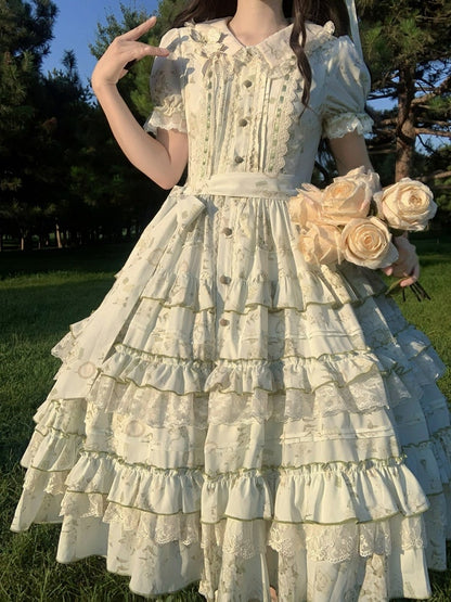 Sweet Jasmine Embroidered Green OP Lolita A-Line Gown with Puff Sleeves & Tiered Skirt - ZHIJINYUAN