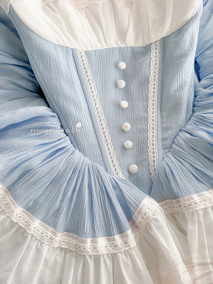 ブルーとピンクのスイートメイドエプロン＋バスクウエストティアードフリルヘムストラップレスパフィードレス