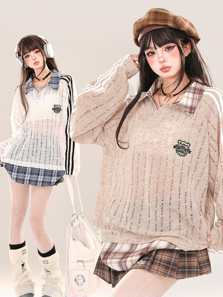 Coffee/White Polo Collar Hollowed-out Semi-sheer Loose Knit Top