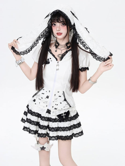 Jirai Trim Bunny Ears Design Hood Lace Kei Black/White