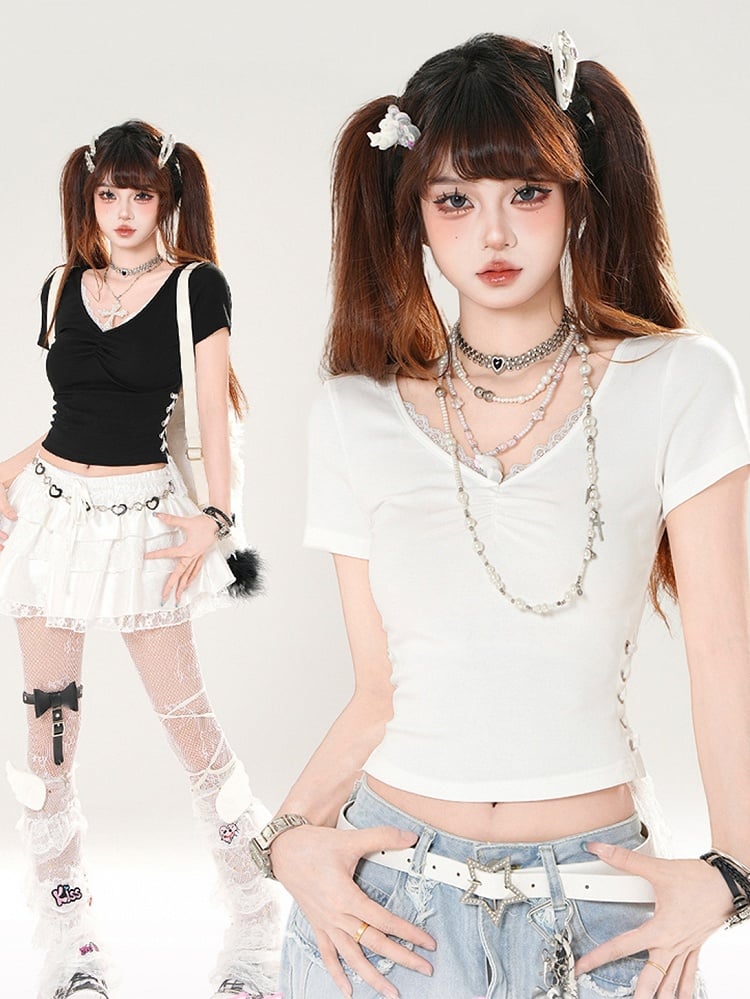 Slim-fitting V-neck Lace Trim Lace-up White/Black T-shirt Side