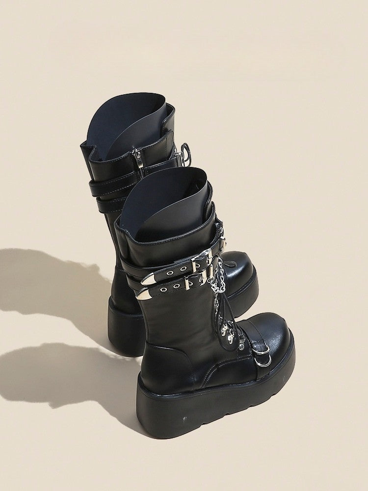 Heart Black Lace-up Mid-Calf Boots Charm Closure Punk with Platform Buckle And - Straps Chain