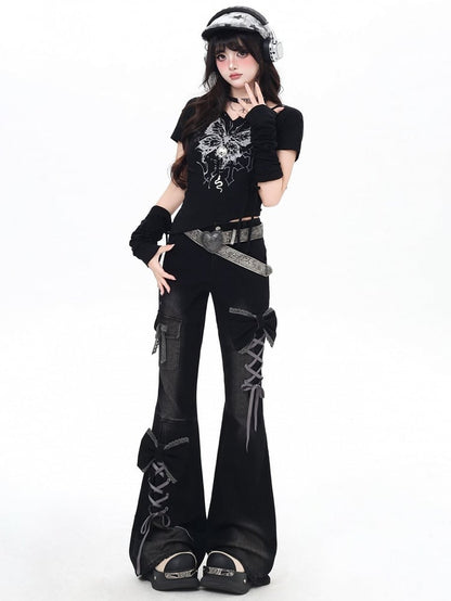 Flare Lace-Up ow Accents Detail Jeans Y2K Silhouette Black with Design