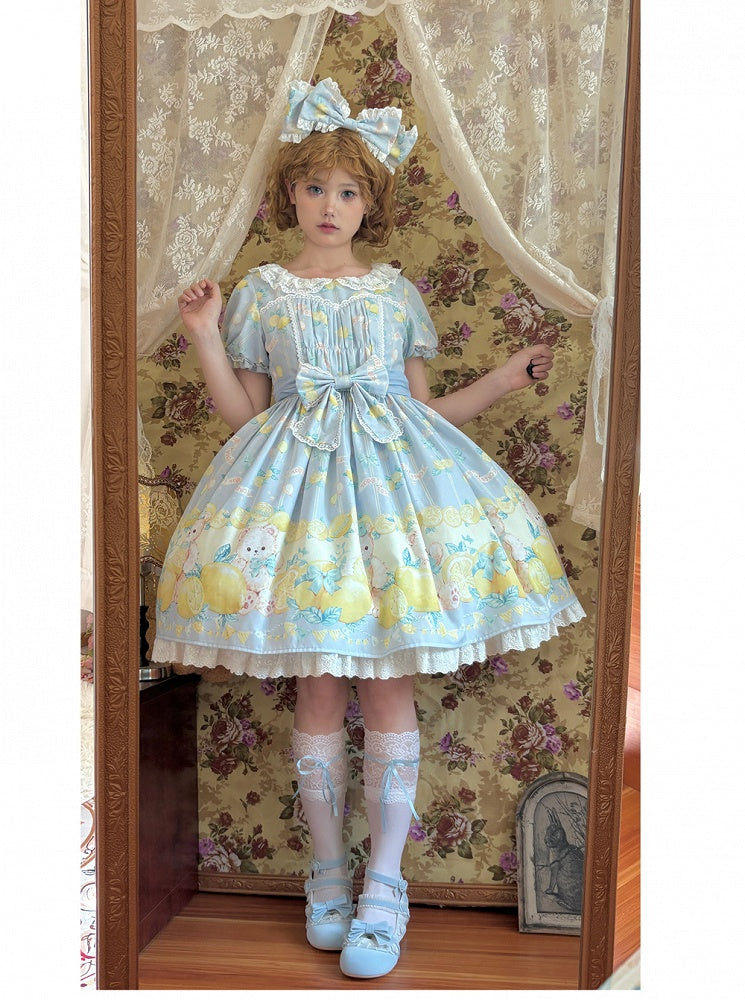 Lolita Sweet Sleeves Dress Teddy and Short Lemon Print Blue