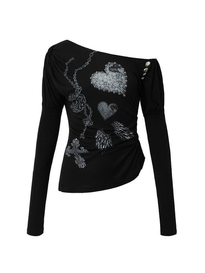 Grunge Ästhetischer Hals Punk Schwarz Seitliche Stretch-Knopfdetails Asymmetrisches Top mit