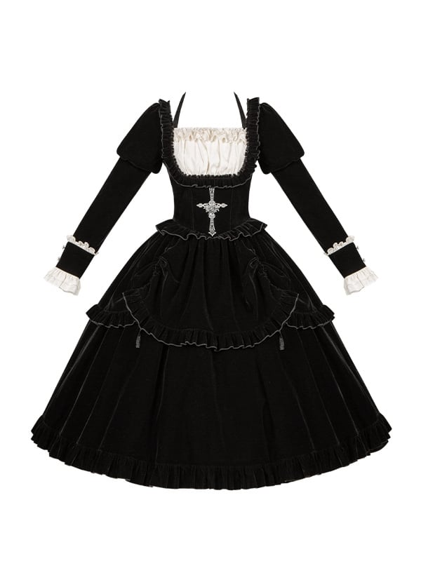 Version Boned Black Juliette Cross Waist Embroidery Sleeves Long Dress Lolita
