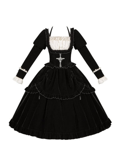 Version Boned Black Juliette Cross Waist Embroidery Sleeves Long Dress Lolita