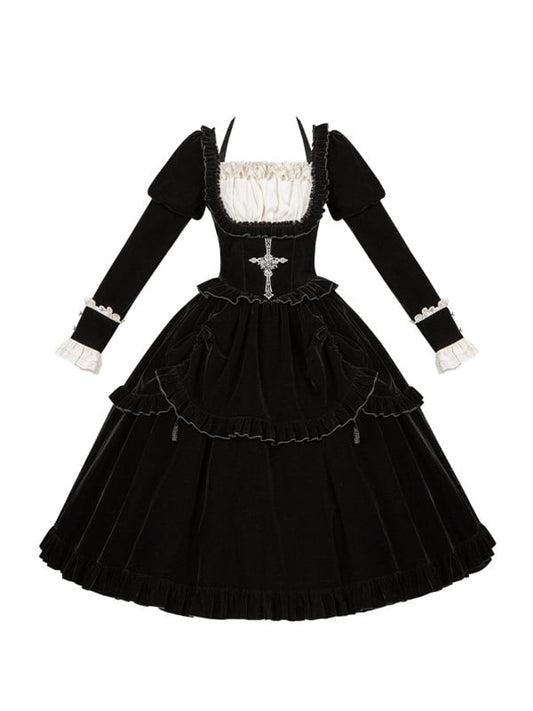 Version Boned Black Juliette Cross Waist Embroidery Sleeves Long Dress Lolita