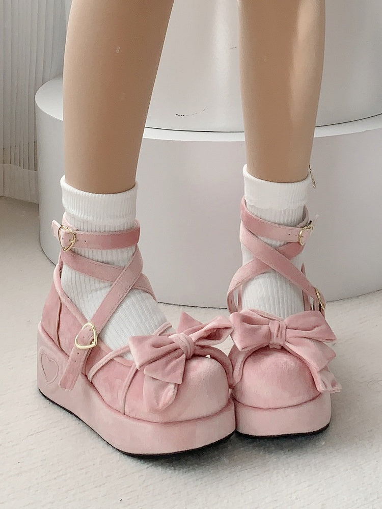 Accents Bow Pink Mary Janes - Lolita Platform Sweet Velvet