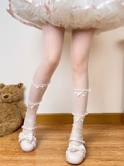 Lolita Calf Socks with Sheer Bow & Ruffle Details, 3-Color Options - Fat Bear Story