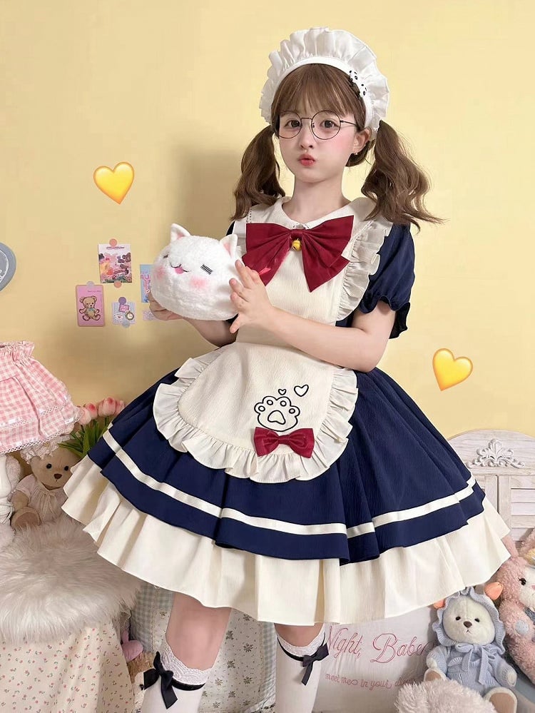 Robe tablier bleu foncé Sweet Maid Lolita à motif pattes de chat
