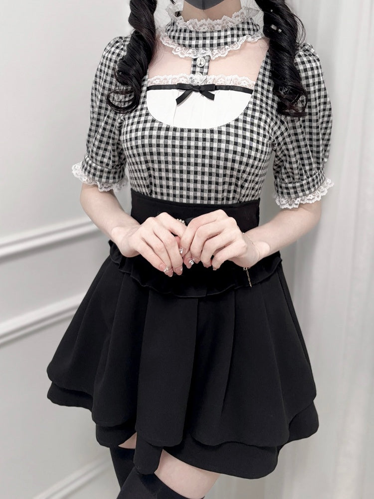 Blouse Jirai Kei Black and White Plaid Banded Collar Cutout Front Short Sleeves