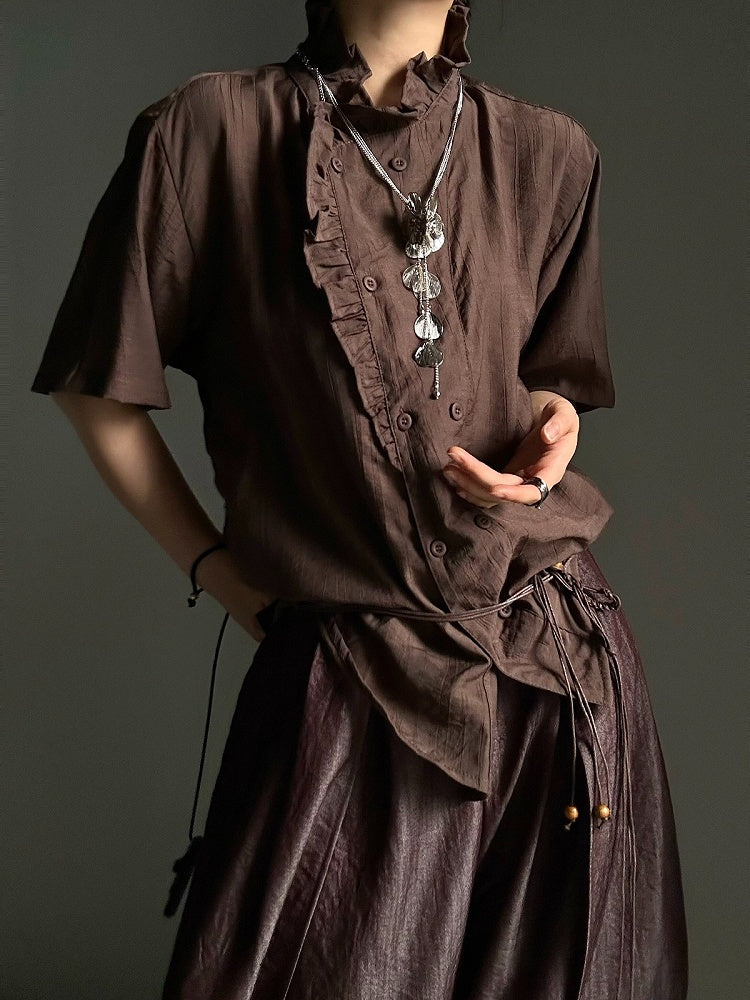 Coffee Ouji Short Sleeve Shirt with Ruffle Trim - ASAE