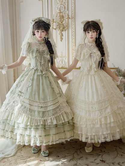 Beige OP Dress with Floral Embroidery, Pearls, and Short Train - Mademoiselle Pearl