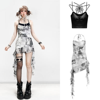 ダイタイデザイン + チェック柄キャミソールドレス トップネック アシンメトリースカートディテール ホワイト ブラックヘム ホルターネック スパイダーウェブ