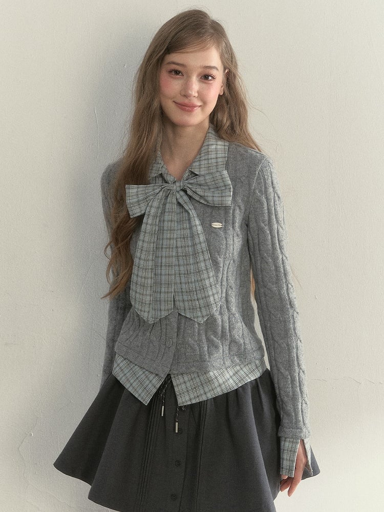 Sweater Two-piece Faux Elegant Vintage Gray Plaid