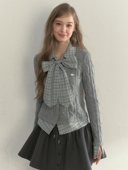 Sweater Two-piece Faux Elegant Vintage Gray Plaid