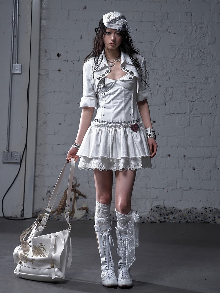 Metal White and Buttons Studs with Open Placket Navycore Top Pointed Flat Collar 