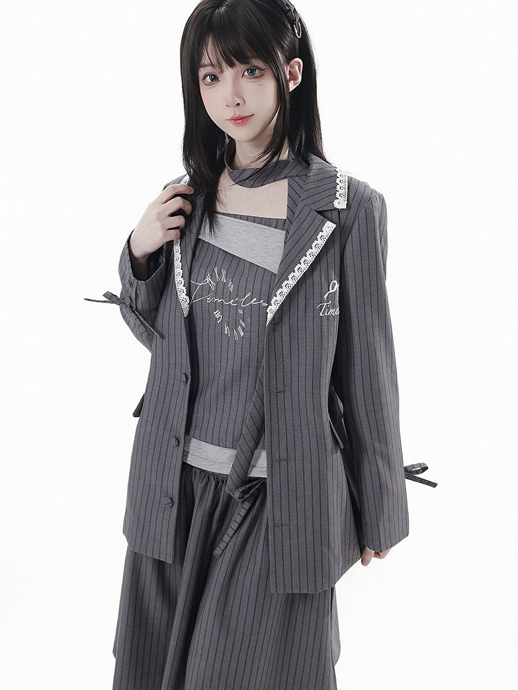 Detachable Dark Preppy Light Gray Faux Scarf with Two-Piece | Stripe Camisole