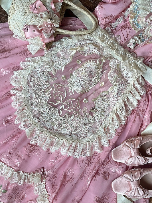 Beige Lace Trim Floral Embroidery Sheer Apron
