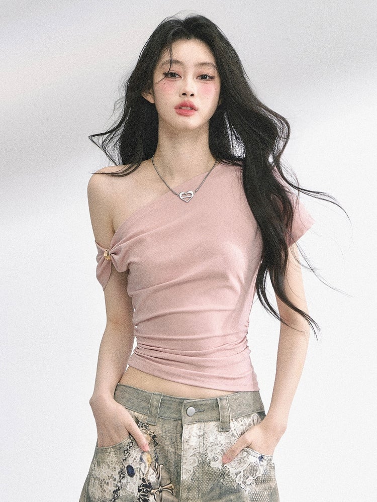 Blue/Pink Asymmetrical Neckline Slim-fitting T-shirt Navy