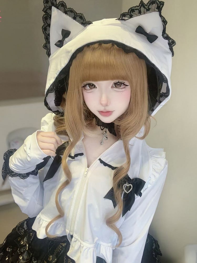 White Kitty-Ear Hooded Cropped Jacket with Lace - Bunny Rush