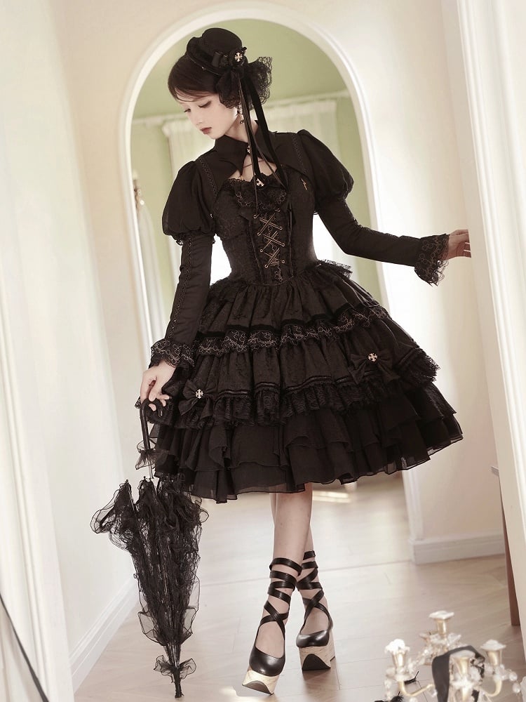 Kuro Lolita Natural Waist Princess Corset Jumper Skirt in Black, Size S - Golden Koi Forest
