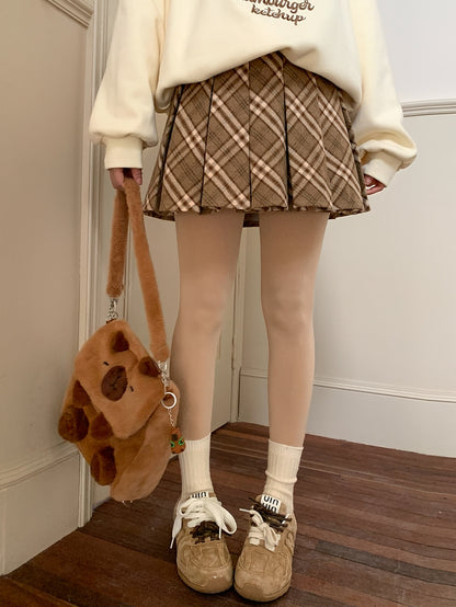 Brown High Waist Plaid Box Pleat Skirt