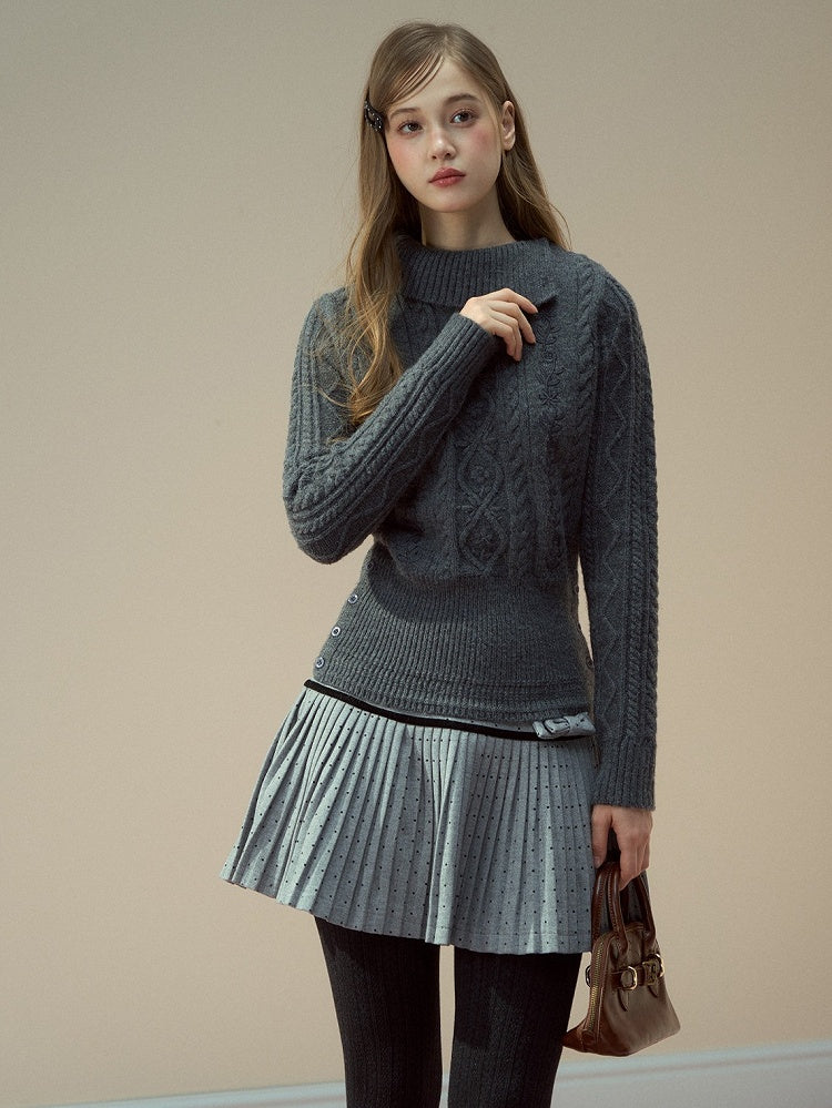 Neck Mock Knit Gray Elegant Cable Sweater Vintage