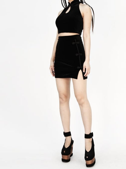 Rock Cheongsam Seite Samt Knöpfe mit Stil Schwarz Frosch Schlitz Mini und