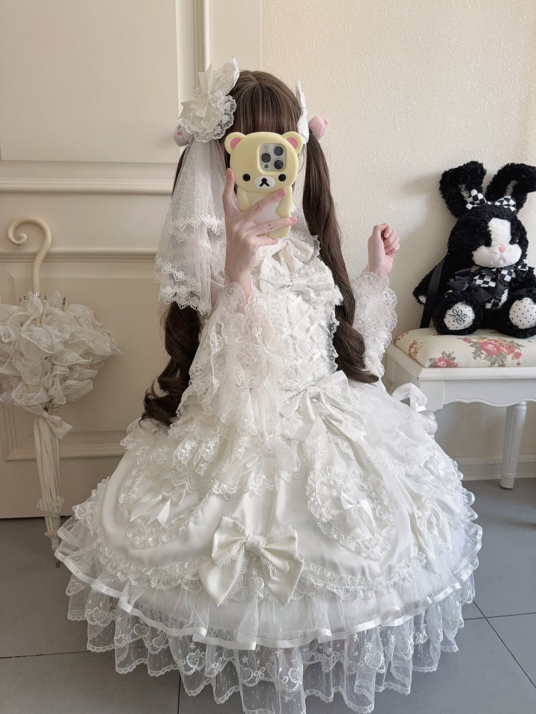 Doll-Style Dress JSK Princess Pure White Lace Lolita Details with Bow