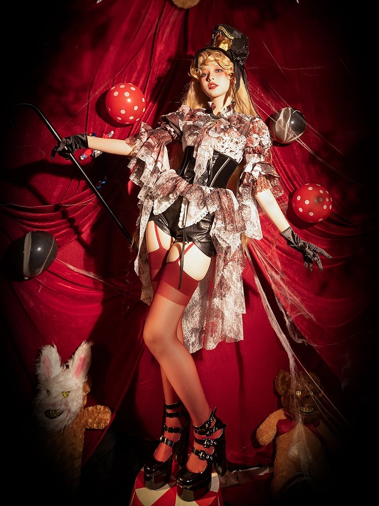 Print Black Red Bloodstain Gothic Lace Lolita Corset Boned with Train Belt