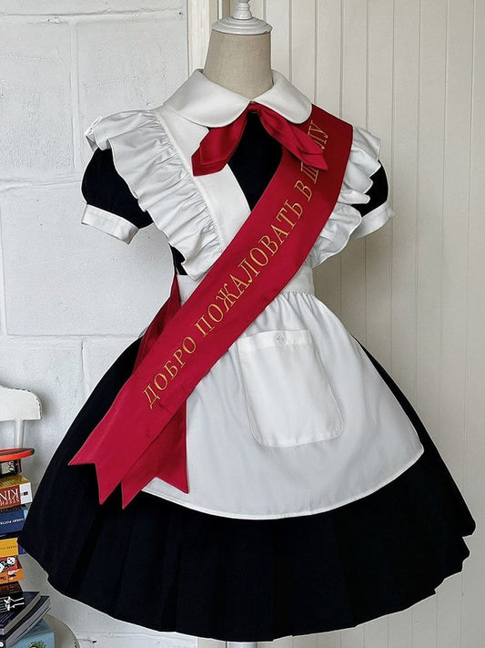 + Sleeves Full Pleated Ribbon Black with Tie Embroidered Dress Apron Short Maid Red Bow Lolita Set