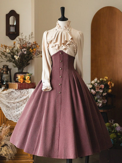 Apricot Ruffled Banded Collar Elegant Long Sleeeves Shirt with Detachable Bow/Jabot Tie