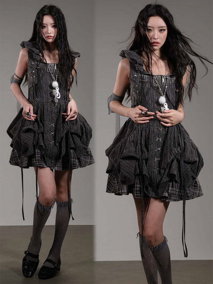 Dark Gray Plaid Fake Two-Piece Sleeveless Bubble Dress - Blazed Field