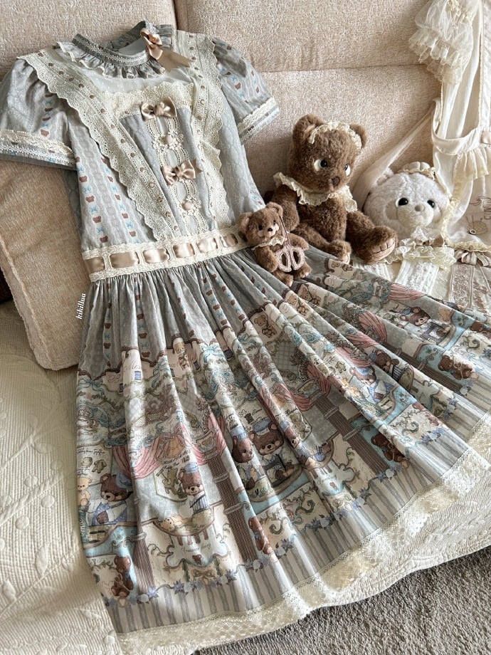 Theme Ruffle Bear Lolita Waist Neckline Green Dropped Dress Sweet