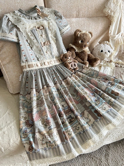 Theme Ruffle Bear Lolita Waist Neckline Green Dropped Dress Sweet