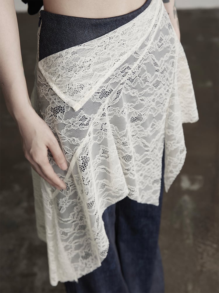 Goth Skirted Urban Denim-Like Pants Cincher Asymmetrical White Blue Lace Flared with Waist Dark