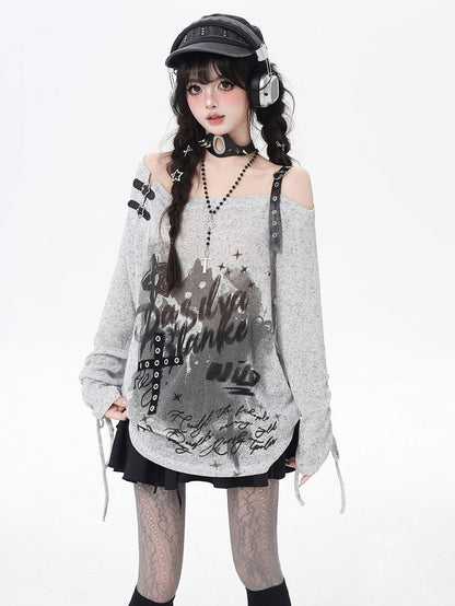 Gray/Black Asymmetrical Neckline Graffiti Print Star Light Buckles Coverup