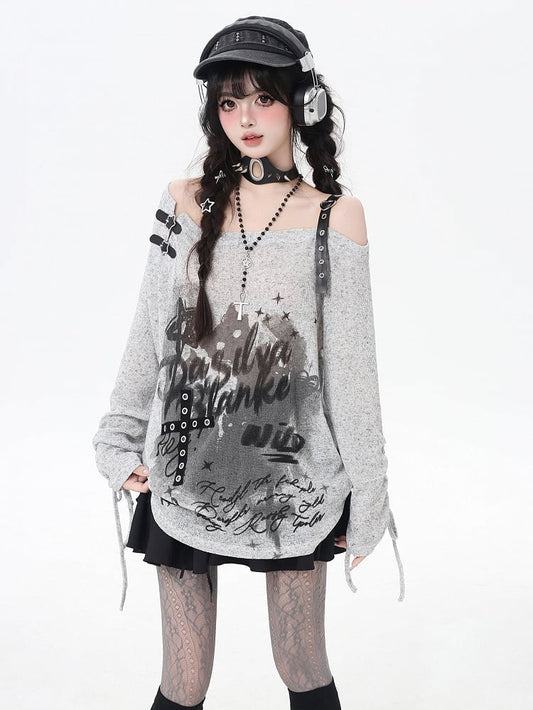 Gray/Black Asymmetrical Neckline Graffiti Print Star Light Buckles Coverup