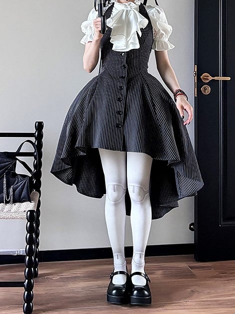 Striped Overall Lolita Button-Front Halter Black White and Neck