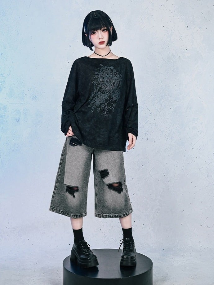 Black Detachable Sleeve UV Tee with Sea Lily Print - Quirky Hut