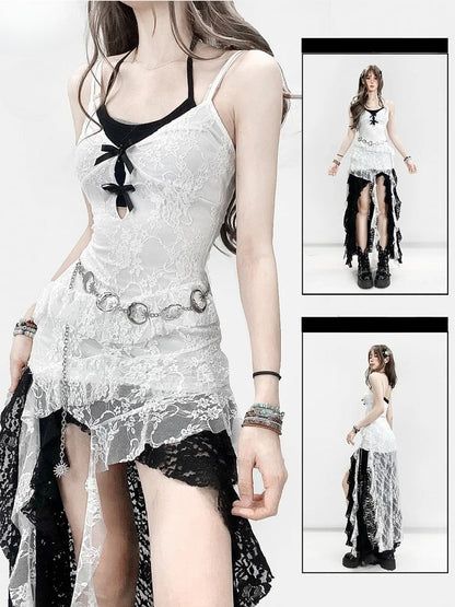 Top Neck Lace + Halter White Cami Hem Asymmetrical Bittersweet Skirt Dress Black
