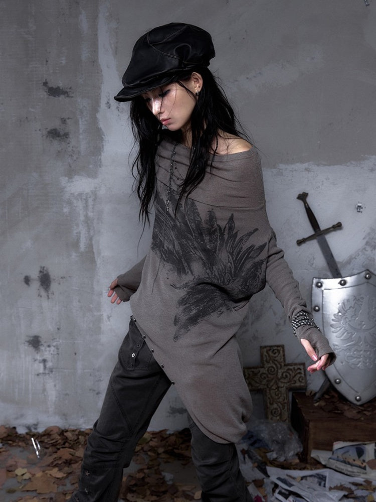 Cowl Wasteland Wing Punk Studded Convertible Print Gray Hoodie Off-Shoulder Neck Brown with Design