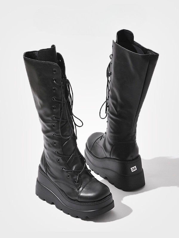 Fashion Side with - Knee-High Closure Gothic Design Dual System Platform Zip Black Lace-Up Boots in