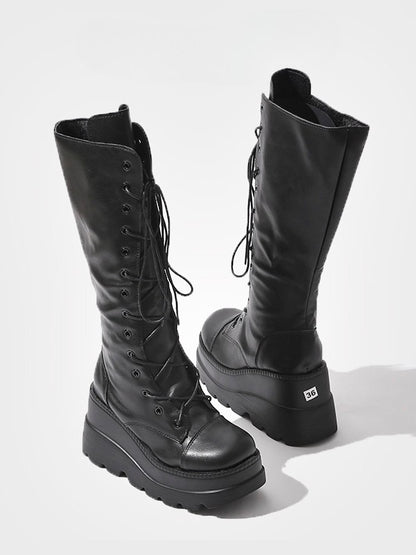 Fashion Side with - Knee-High Closure Gothic Design Dual System Platform Zip Black Lace-Up Boots in