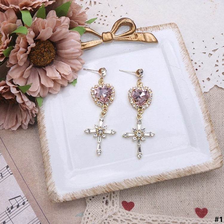 Earrings Jirai Options 4 Kei Heart Color Rhinestone Cross