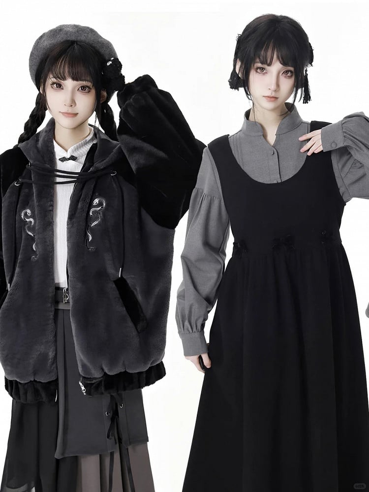 Black and Gray Colorblock Plush Jacket with Snake Detail